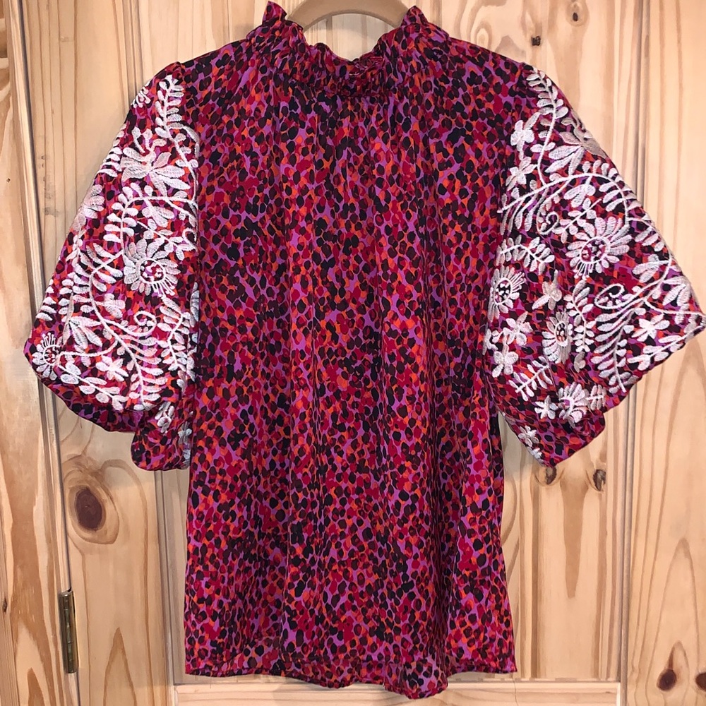 Pink and Red Patterned Blouse with White Embroidery